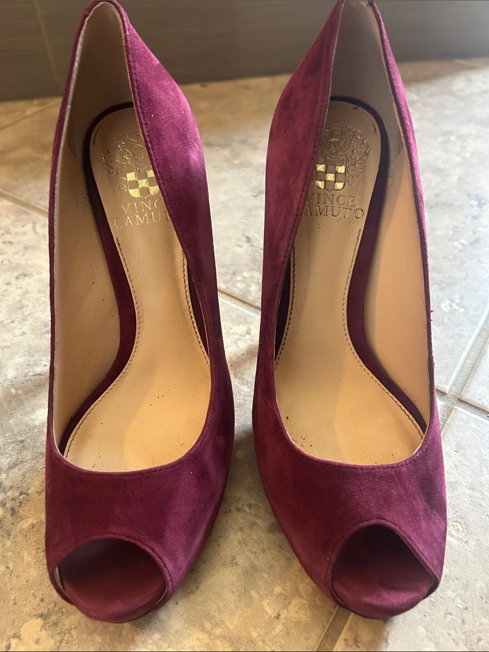 Vince Camuto Burgundy Suede Peep-Toe Pumps